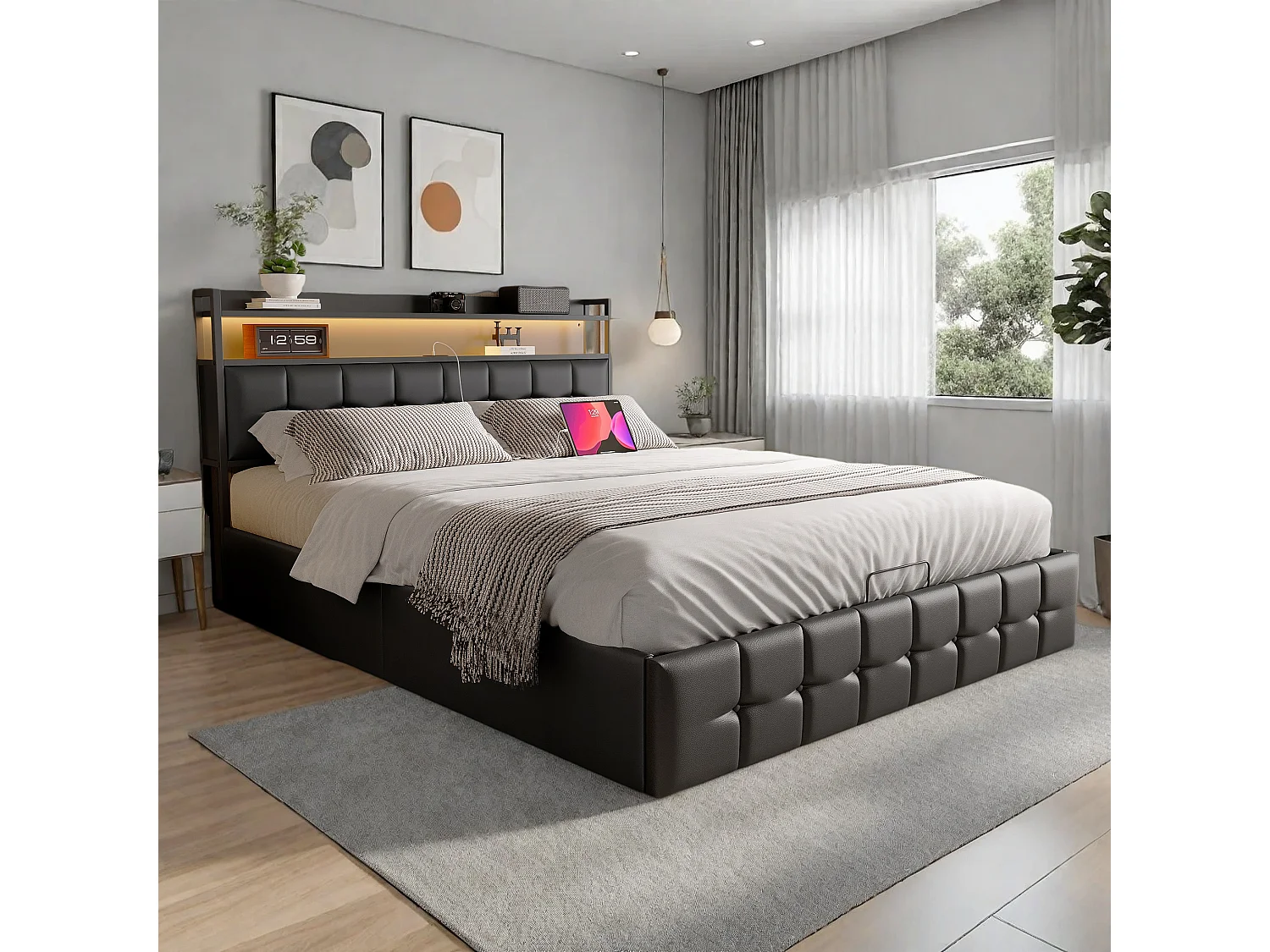 Lit Coffre 140x200 cm, avec Rangement, avec USB et éclairage LED, avec sommier à Lattes, PU, Noir