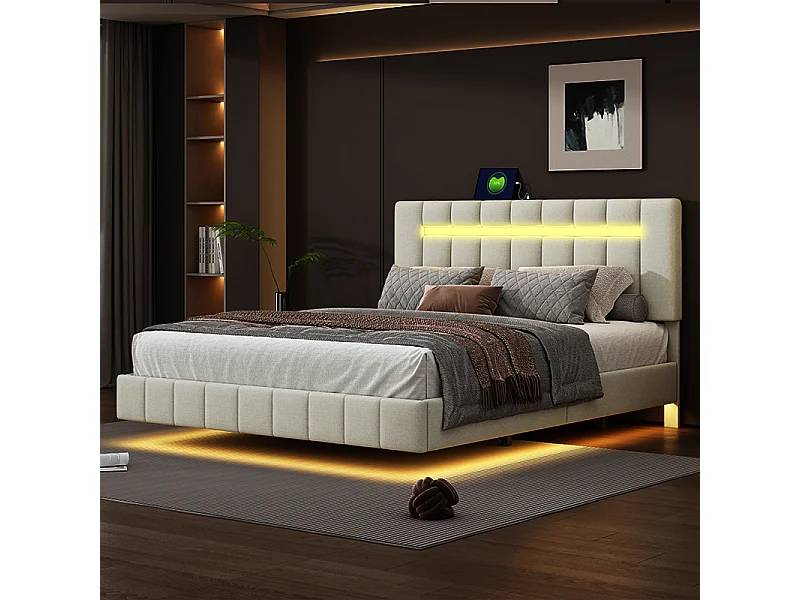 Lit Rembourré 160x200 cm avec Lumière LED, Cadre de Lit avec Conception Suspendue, Lin, Beige