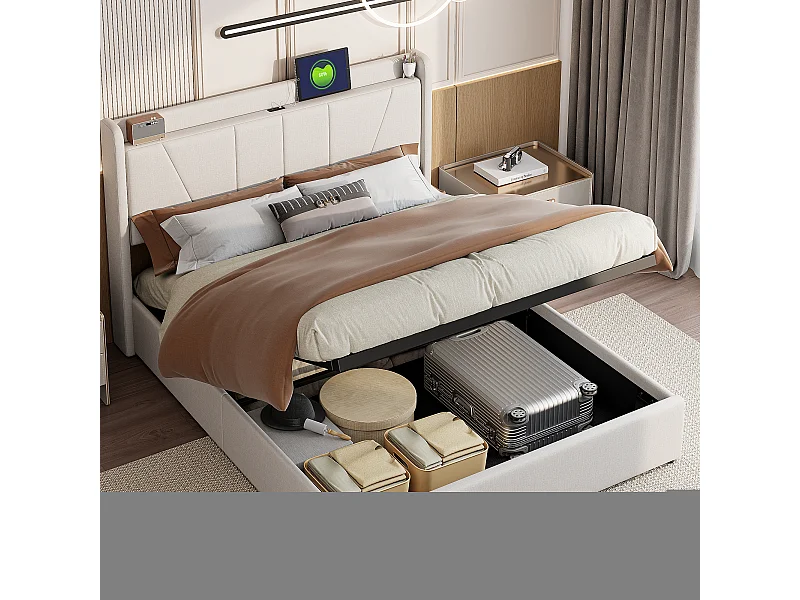 Cama com arrumação 160 x 200 cm com base, LED, USB - Espaço de arrumação, bege