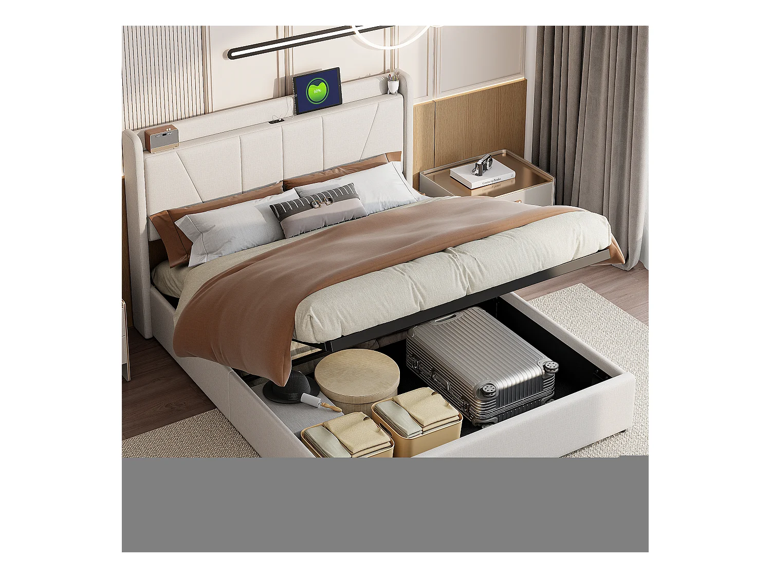 Cama com arrumação 160 x 200 cm com base, LED, USB - Espaço de arrumação, bege