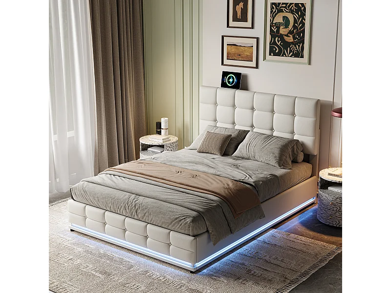 Cama Tapizada 140 X 200 Cm con LED y Elevador Hidráulico, Canapé, Doble, PU, Blanco