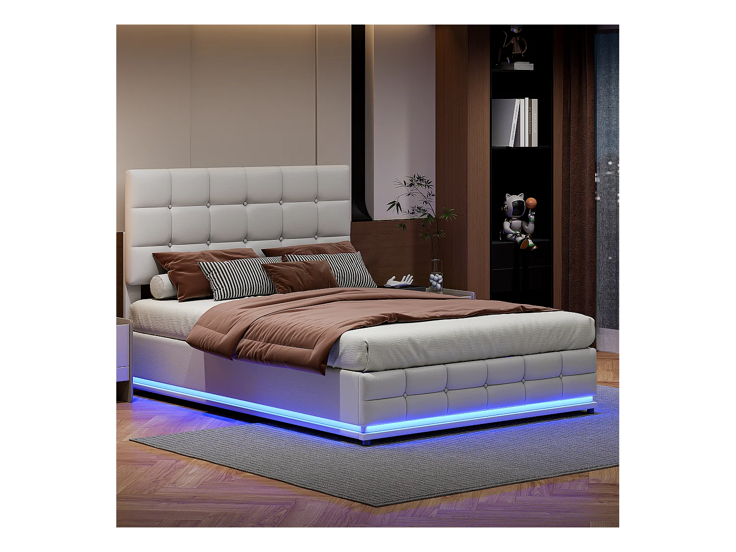 Gestoffeerd bed 140 x 200 cm met LED en hydraulische opbergruimte, tweepersoonsbed, PU, wit