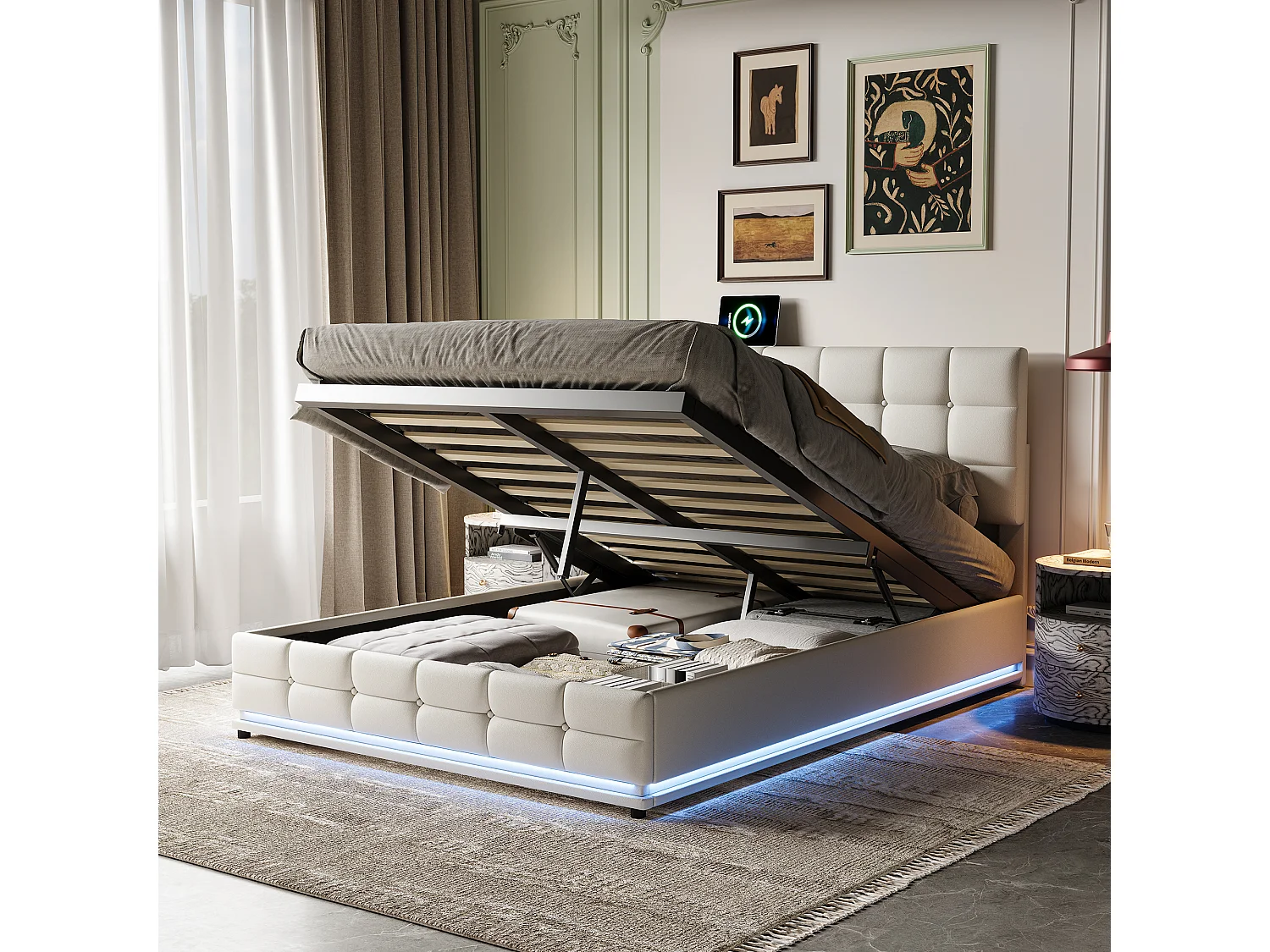 Gestoffeerd bed 140 x 200 cm met LED en hydraulische opbergruimte, tweepersoonsbed, PU, wit