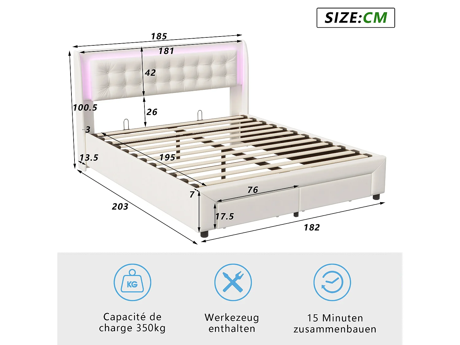 Letto contenitore 180 x 190 - Velluto beige - 2 cassetti - Luci LED regolabili - Schienale morbido