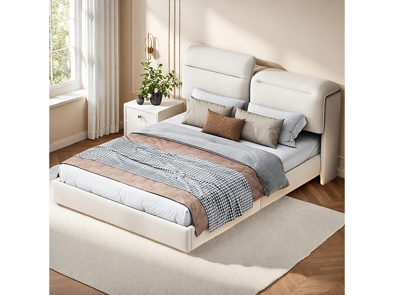 Cama estofada 160 x 200, com LED e cabeceira dobrável, compartimento de arrumação, veludo, Branco