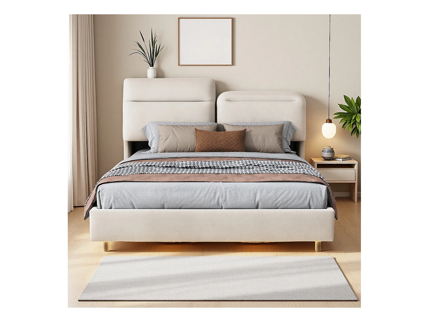 Cama estofada 160 x 200, com LED e cabeceira dobrável, compartimento de arrumação, veludo, Branco