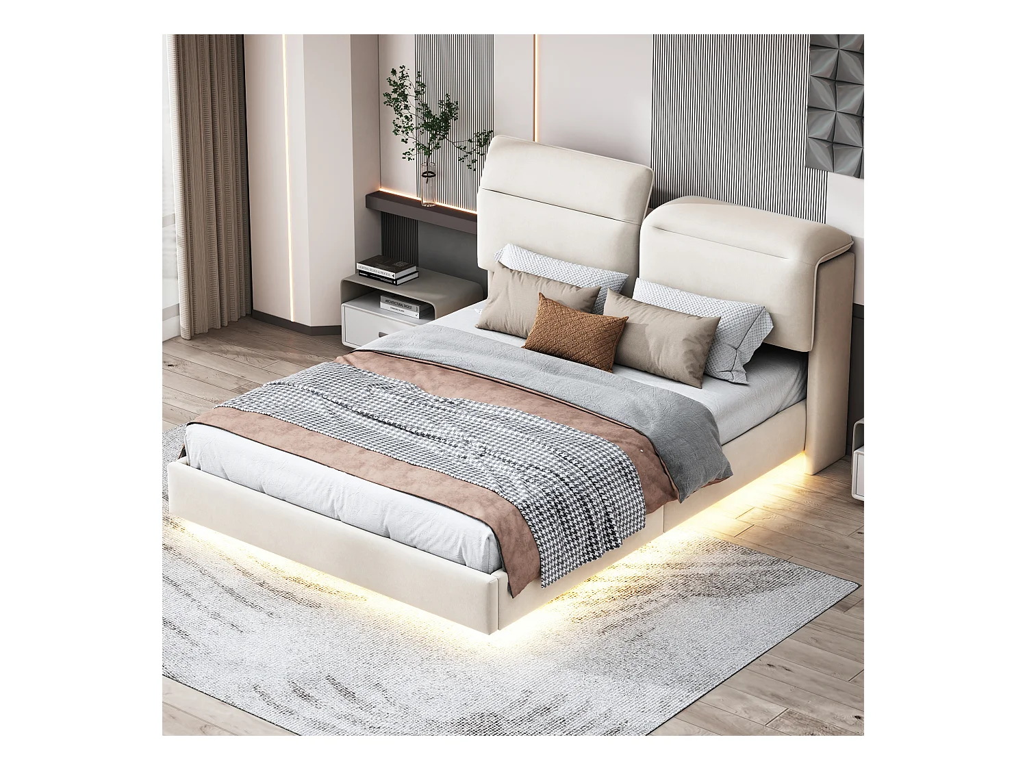 Cama estofada 160 x 200, com LED e cabeceira dobrável, compartimento de arrumação, veludo, Branco