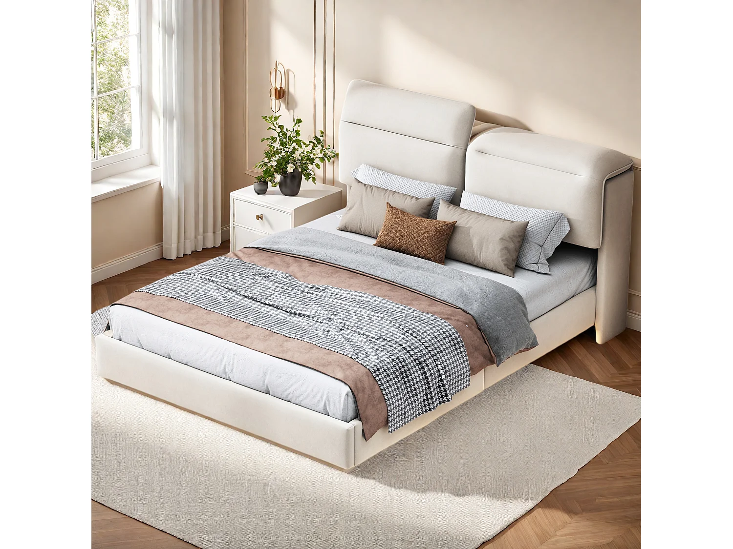 Cama estofada 160 x 200, com LED e cabeceira dobrável, compartimento de arrumação, veludo, Branco