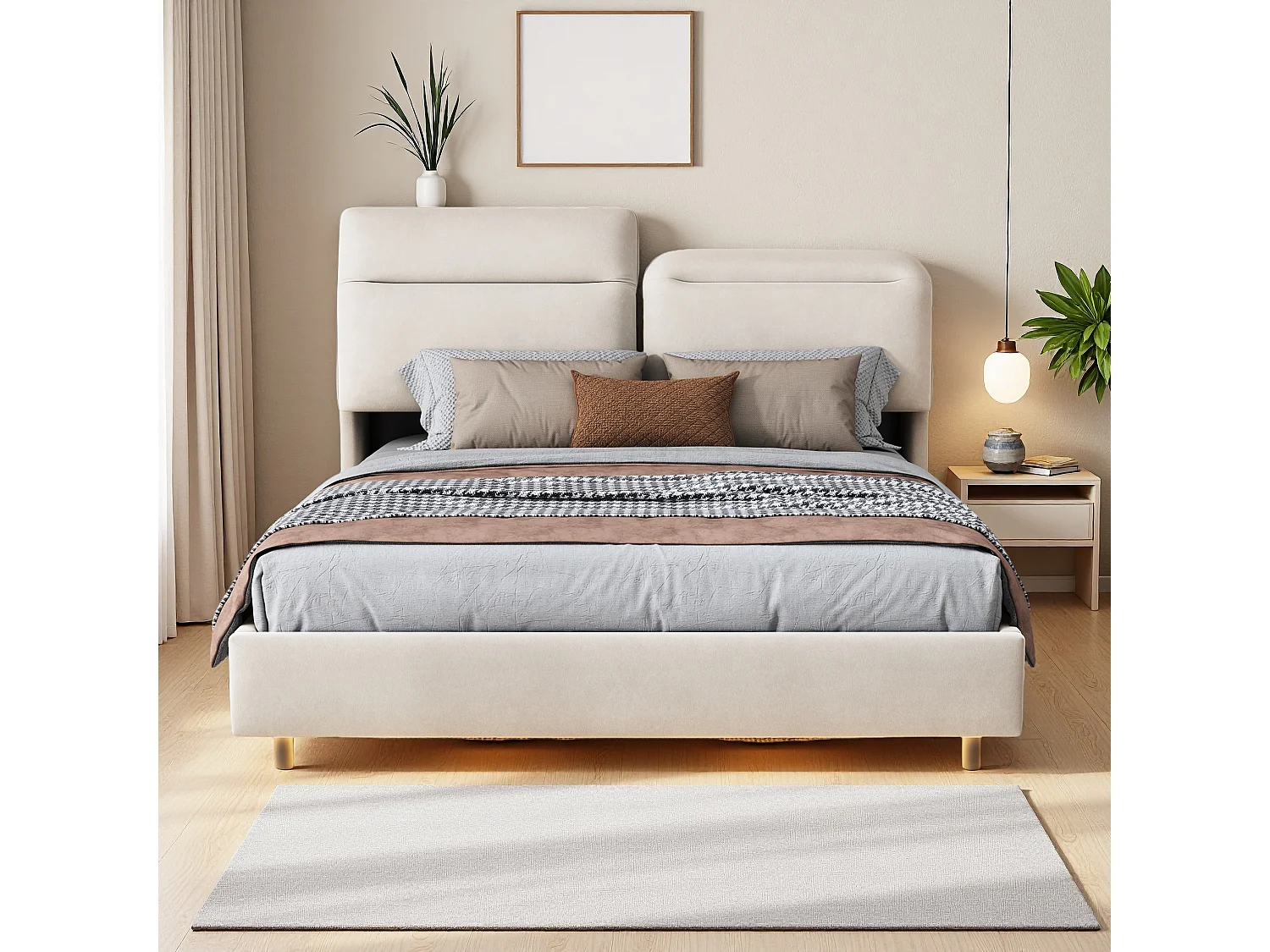 Cama estofada 160 x 200, com LED e cabeceira dobrável, compartimento de arrumação, veludo, Branco