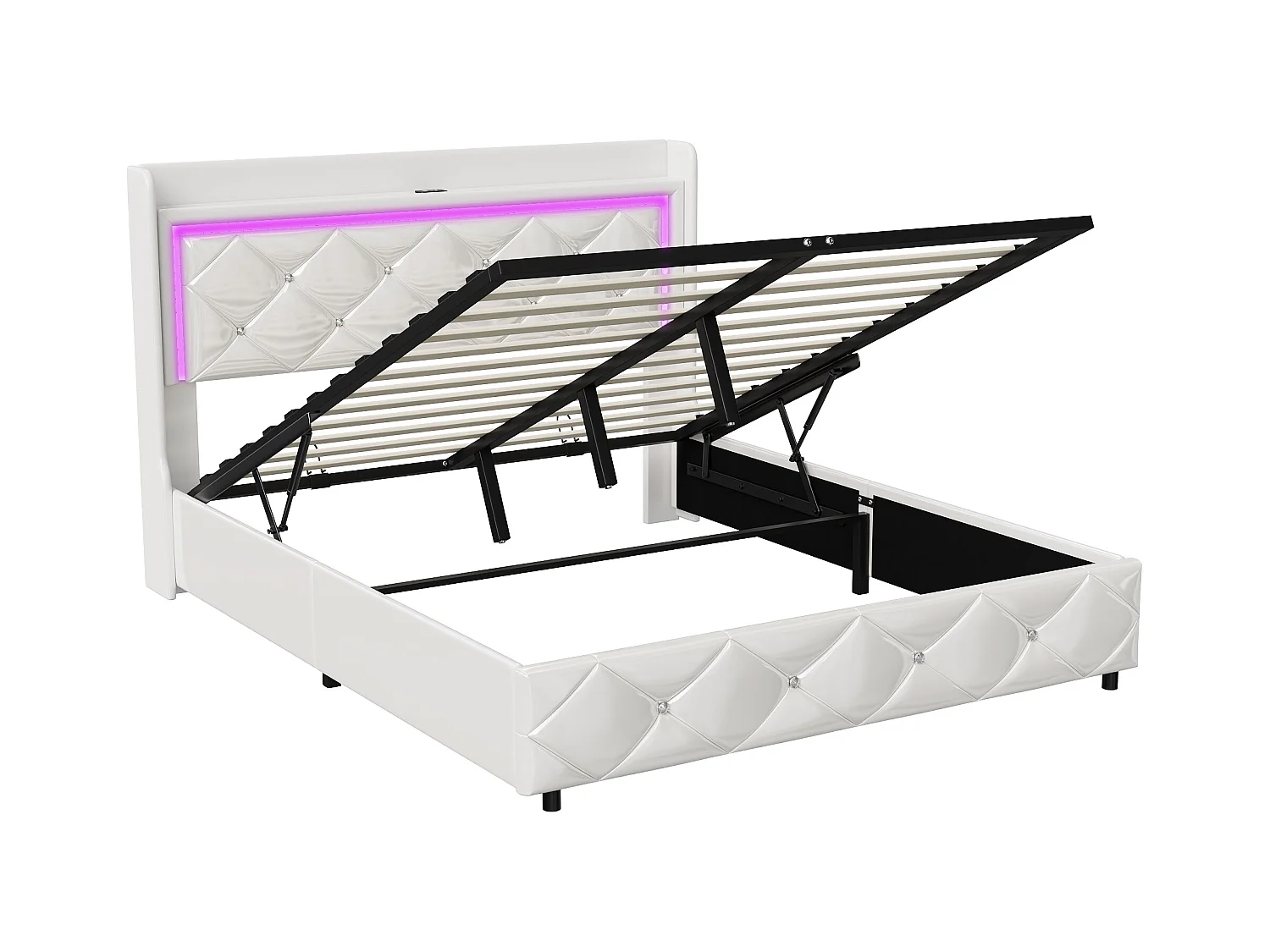 Lit Coffre 140x200 avec LED, Lit Rembourré avec USB et Type-C Cadre de lit avec Rangement, PU, Blanc
