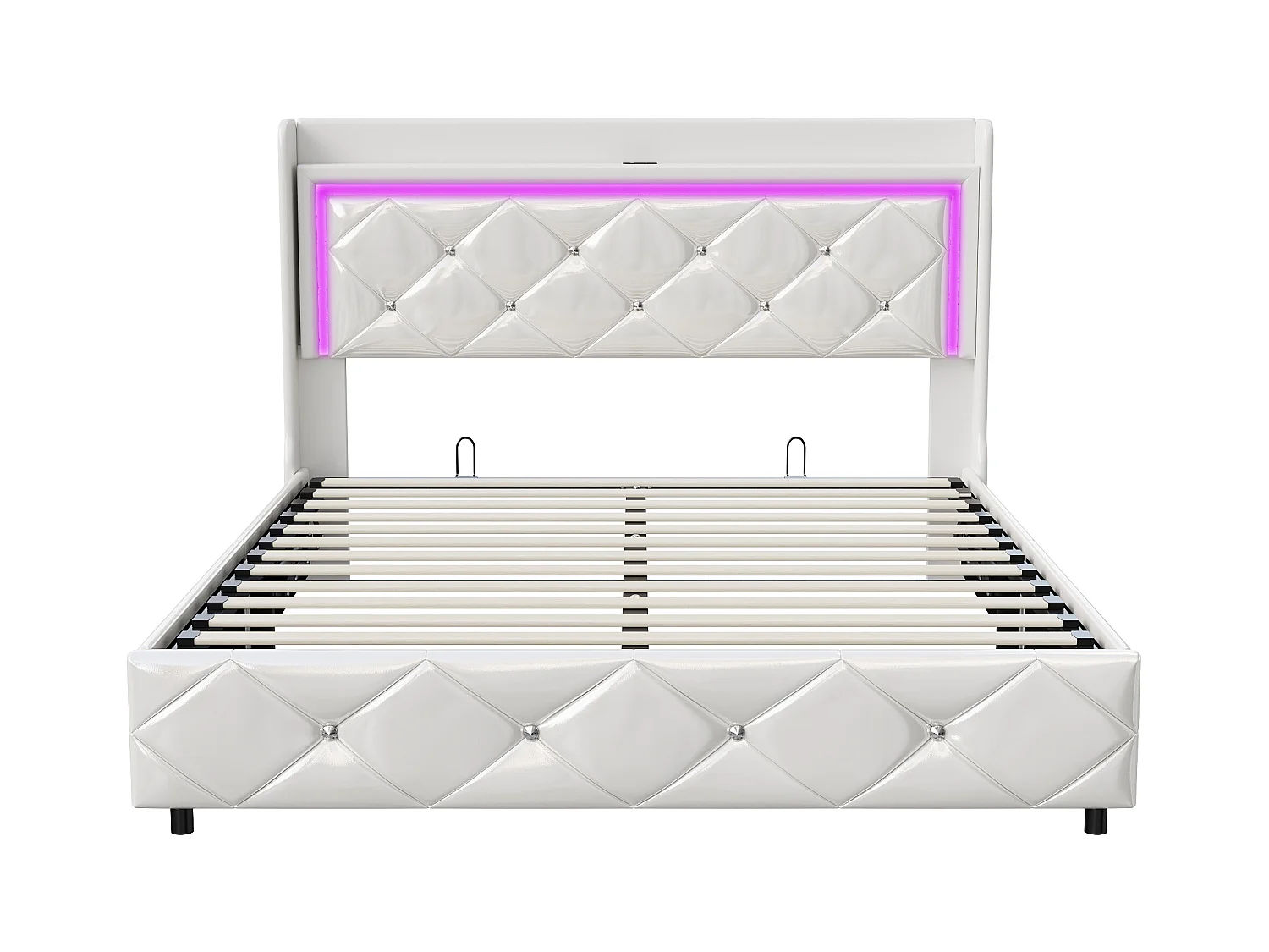 Lit Coffre 140x200 avec LED, Lit Rembourré avec USB et Type-C Cadre de lit avec Rangement, PU, Blanc