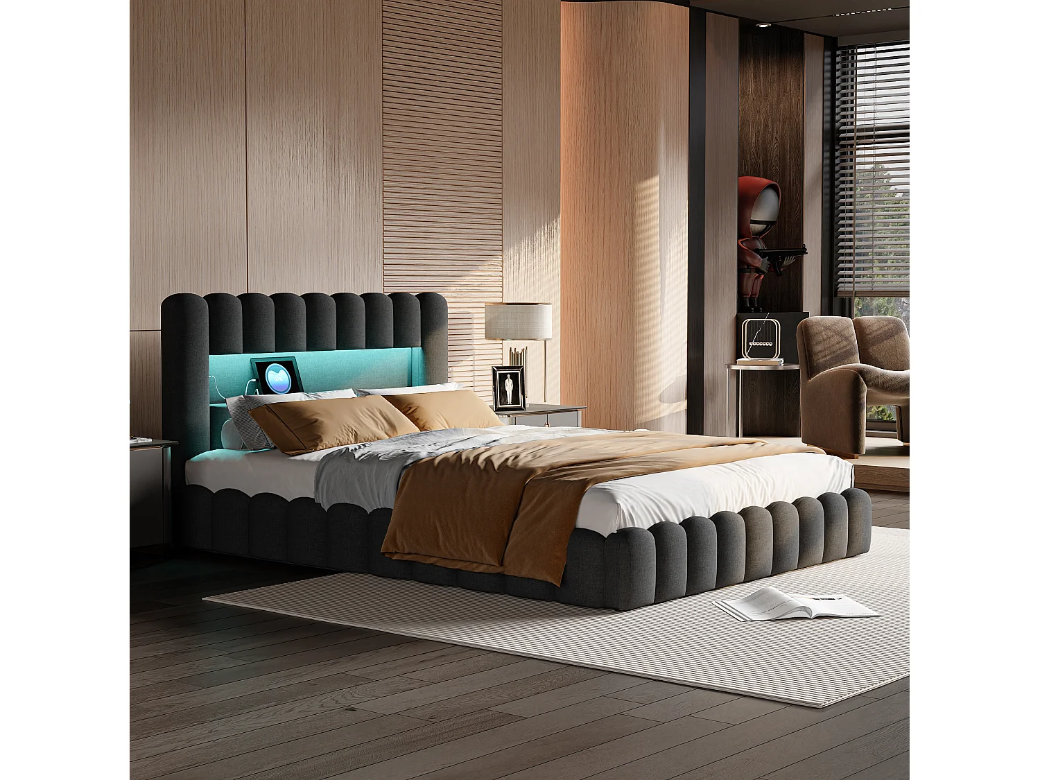 Gestoffeerd tweepersoonsbed 140 x 200 cm, met LED en USB, met lattenbodem en hoofdbord, linnen, grijs