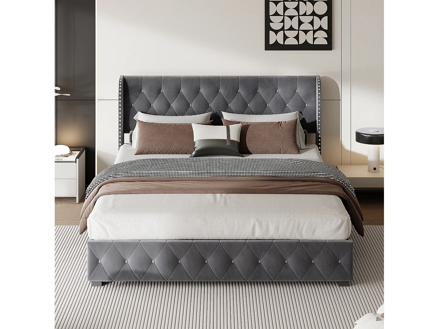 Lit Double Rembourré 140x200 cm, Lit Coffre avec Sommier à Lattes et Tête de Lit, Velours, Gris
