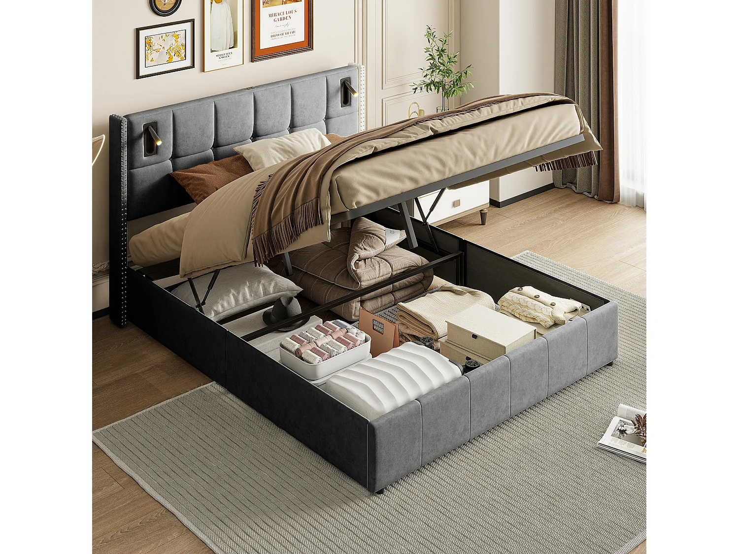 Opbergbed 140x200 met gestoffeerd LED-bed, tweepersoonsbed, grijs