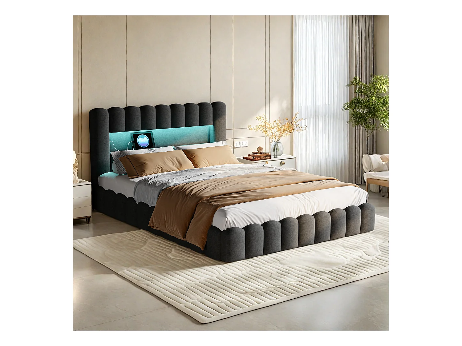 Letto Bubble 180 x 200 cm, con LED e USB, con spazio contenitore, con rete a doghe, Grigio