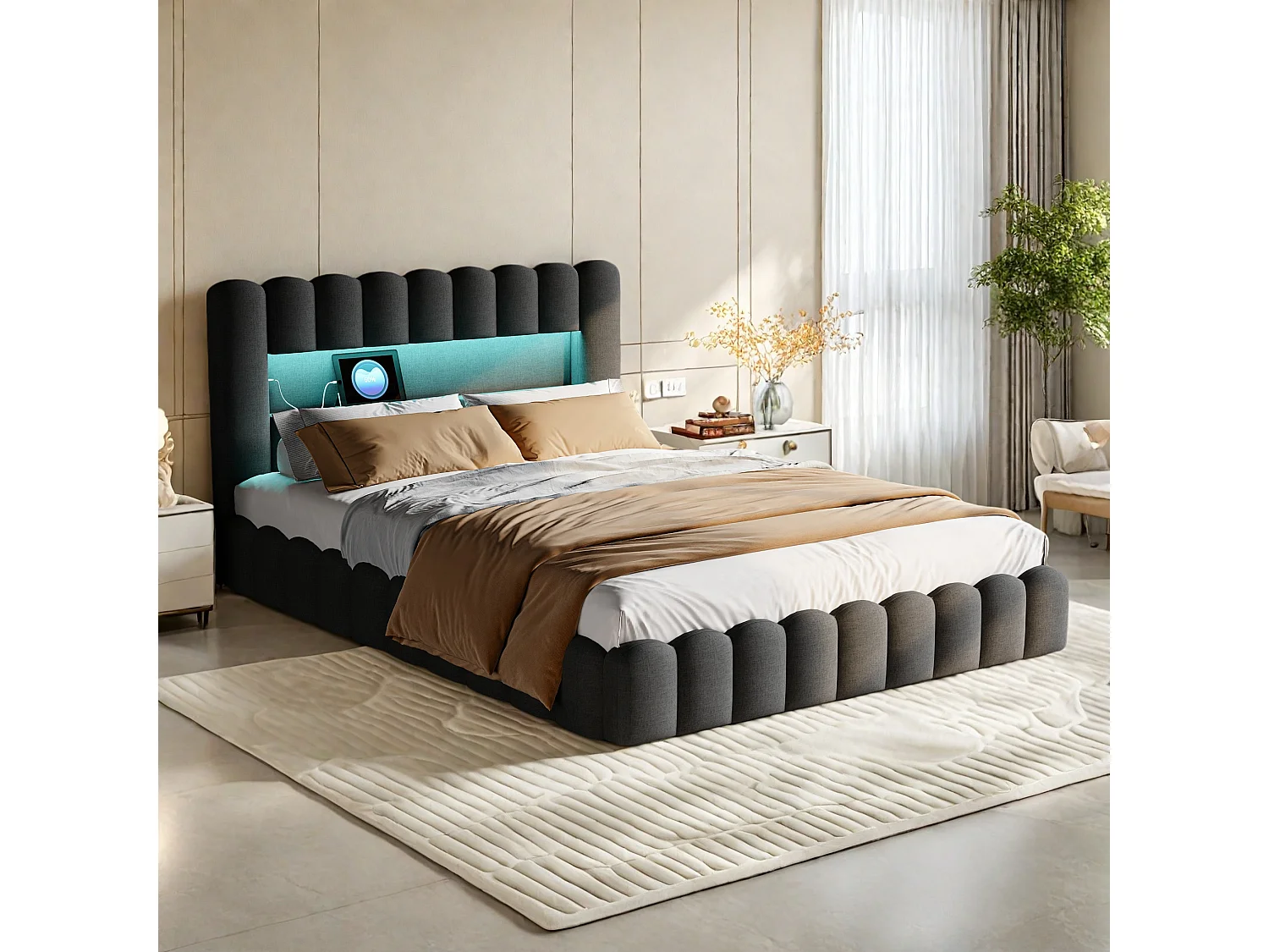 Lit à bulles 180 x 200 cm, avec LED et USB, avec espace de rangement, avec sommier à lattes, Gris