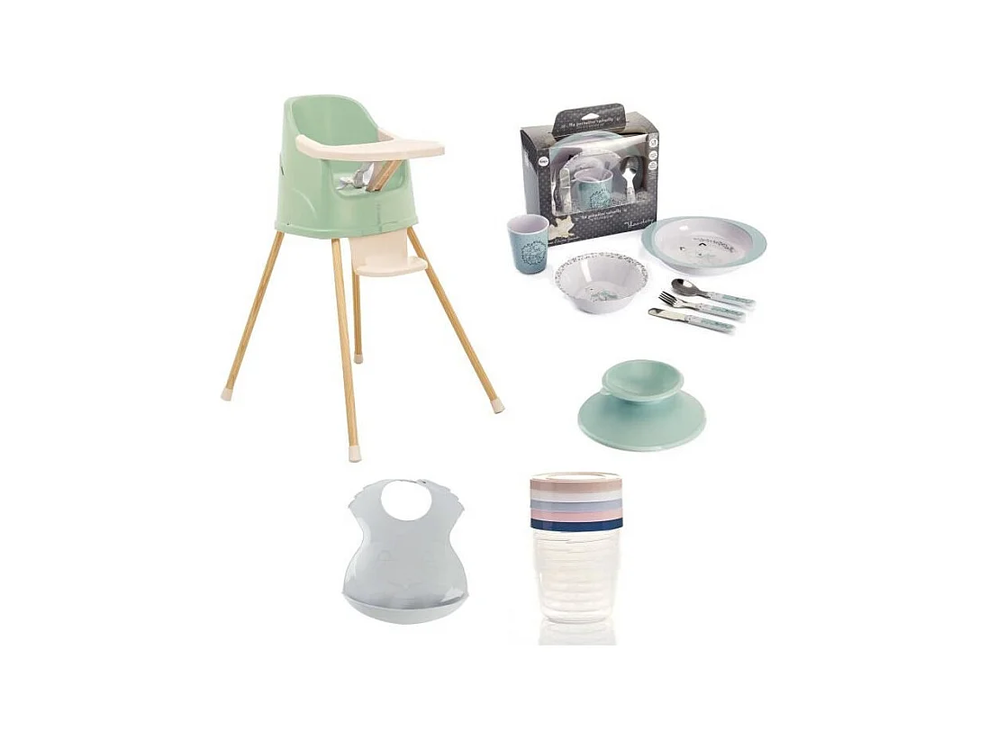 Chaise haute évolutive en rehausseur de chaise + Coffret vaisselle + Boîtes de conservation + Bavoir semi-rigide