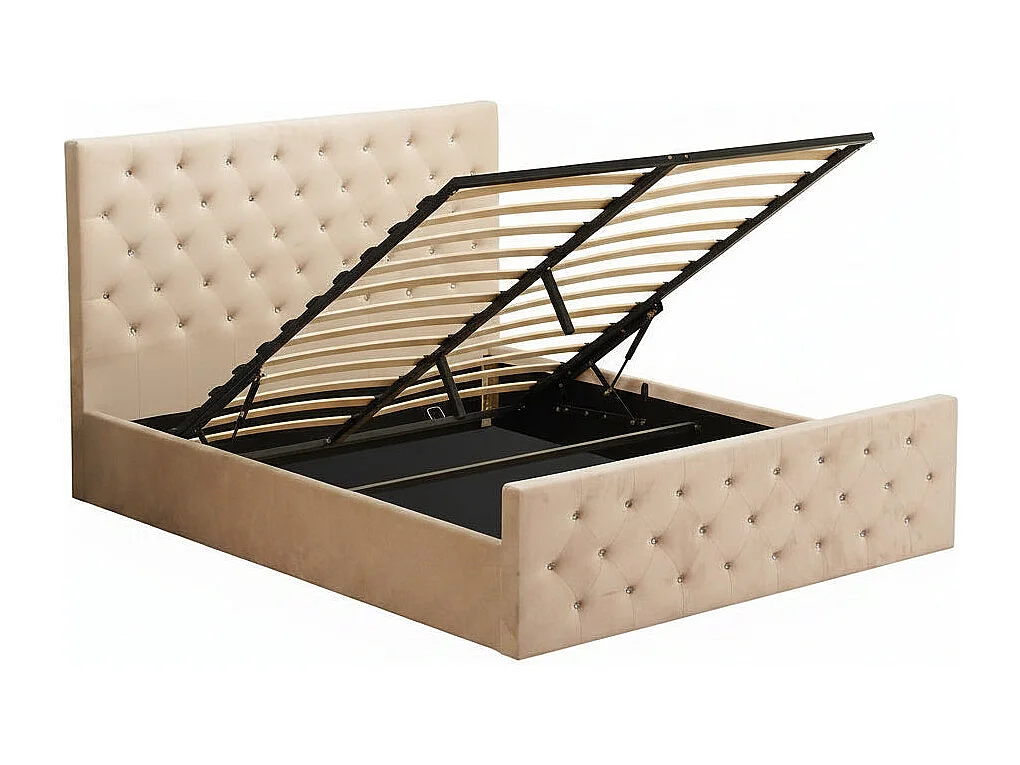 Lit coffre capitonné velours beige 160x200 cm sommier inclus VICTORIA