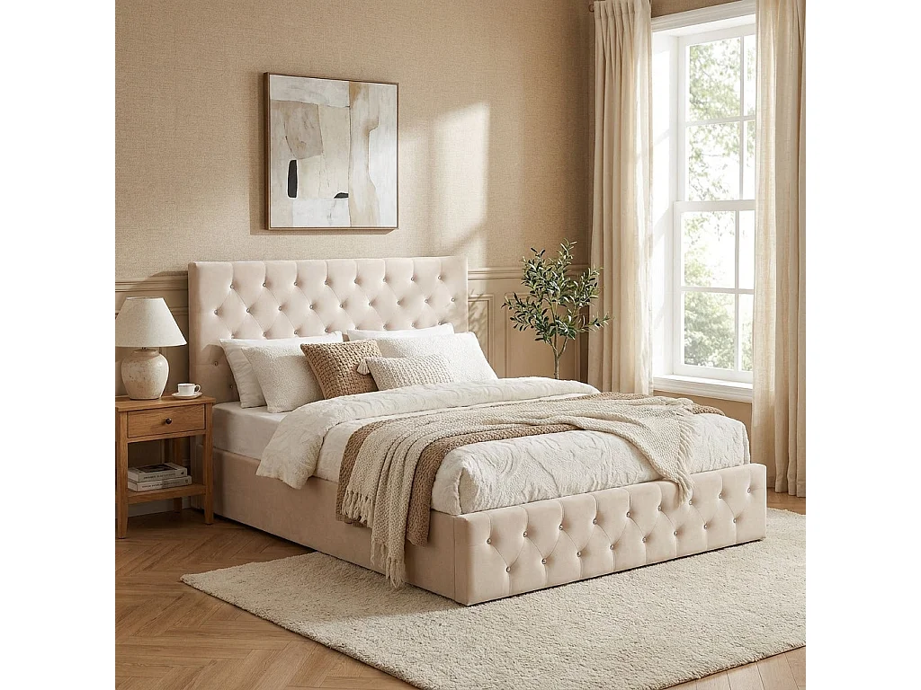 Lit coffre capitonné velours beige 160x200 cm sommier inclus VICTORIA