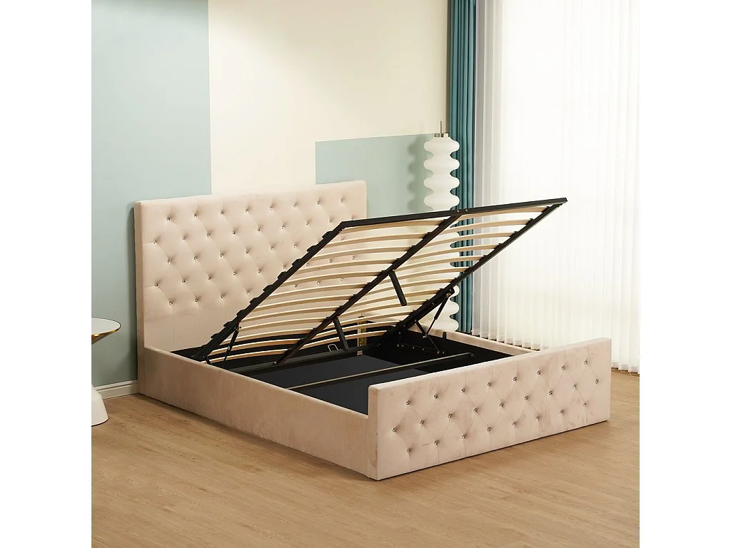 Lit coffre capitonné velours beige 160x200 cm sommier inclus VICTORIA