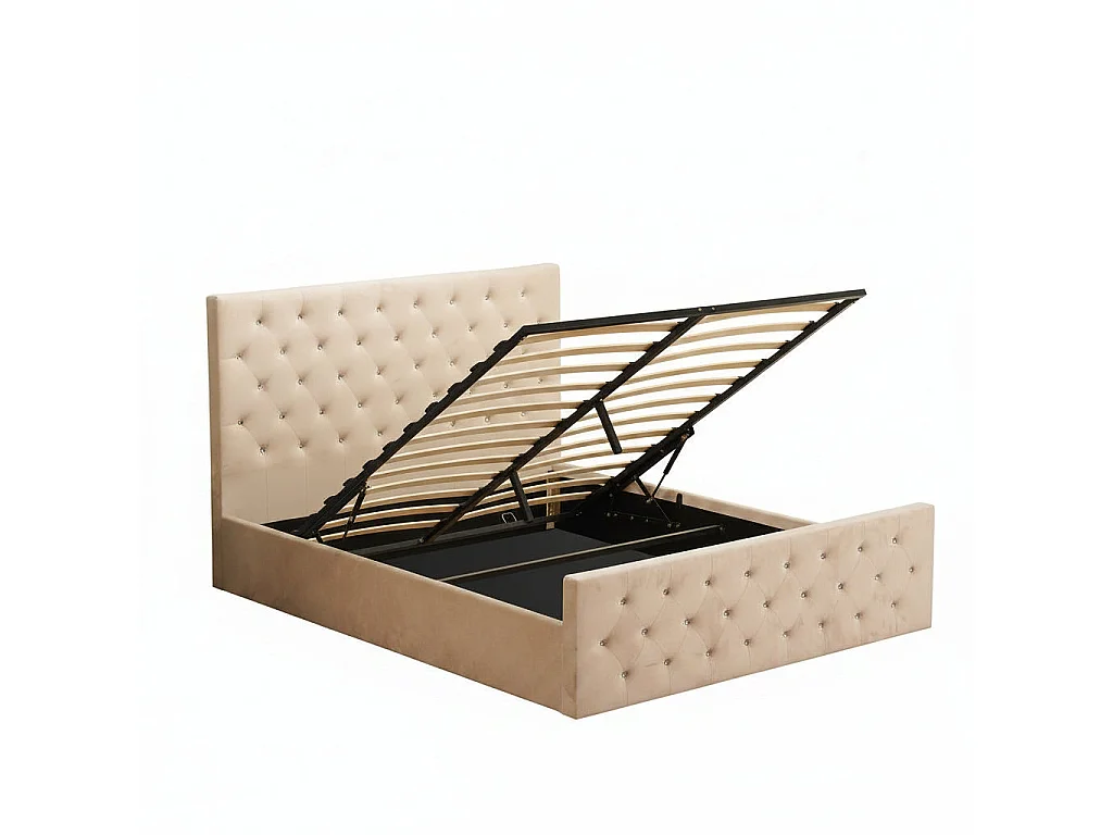 Lit coffre capitonné velours beige 160x200 cm sommier inclus VICTORIA