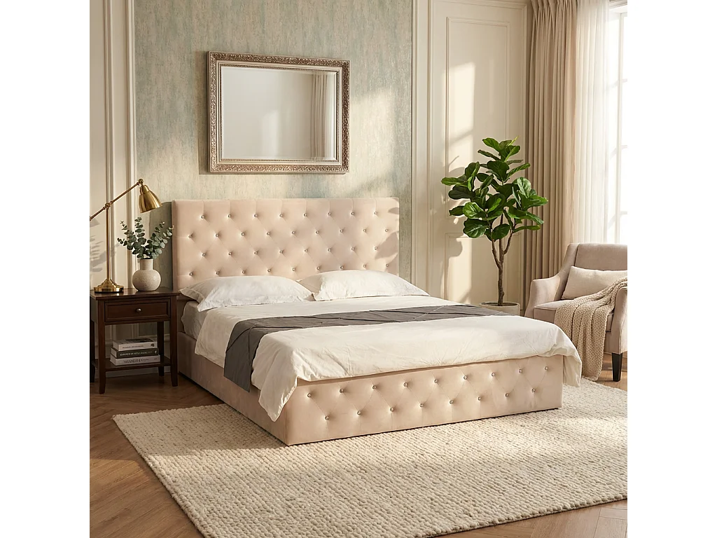Lit coffre capitonné velours beige 160x200 cm sommier inclus VICTORIA