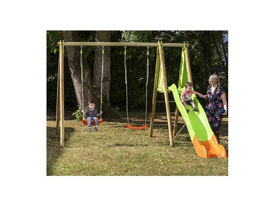 Portique bois et métal - 2,30m - 2 balançoires et 1 toboggan 2,63m - ARROBA TRIGANO