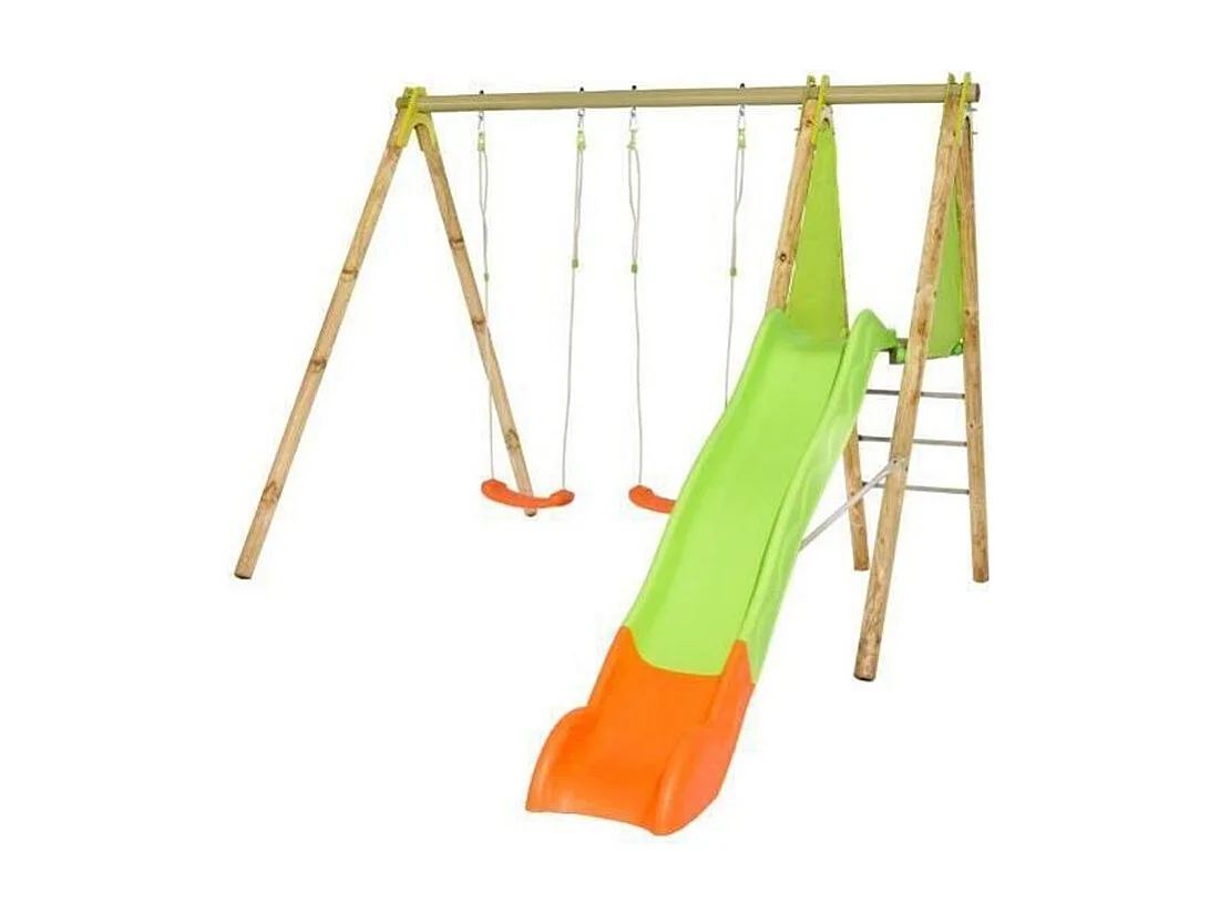 Speeltuin ARROBA in hout en metaal - Schommel 2 schommels, platform en glijbaan van 2,63 m