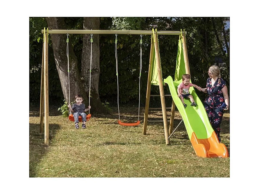 Speeltuin ARROBA in hout en metaal - Schommel 2 schommels, platform en glijbaan van 2,63 m