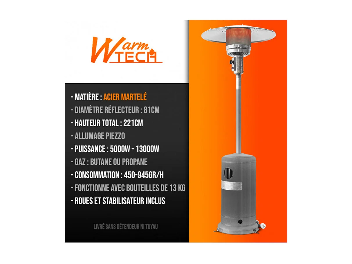 Parasol chauffant au gaz Warmtech 13 kW avec roues, Gris