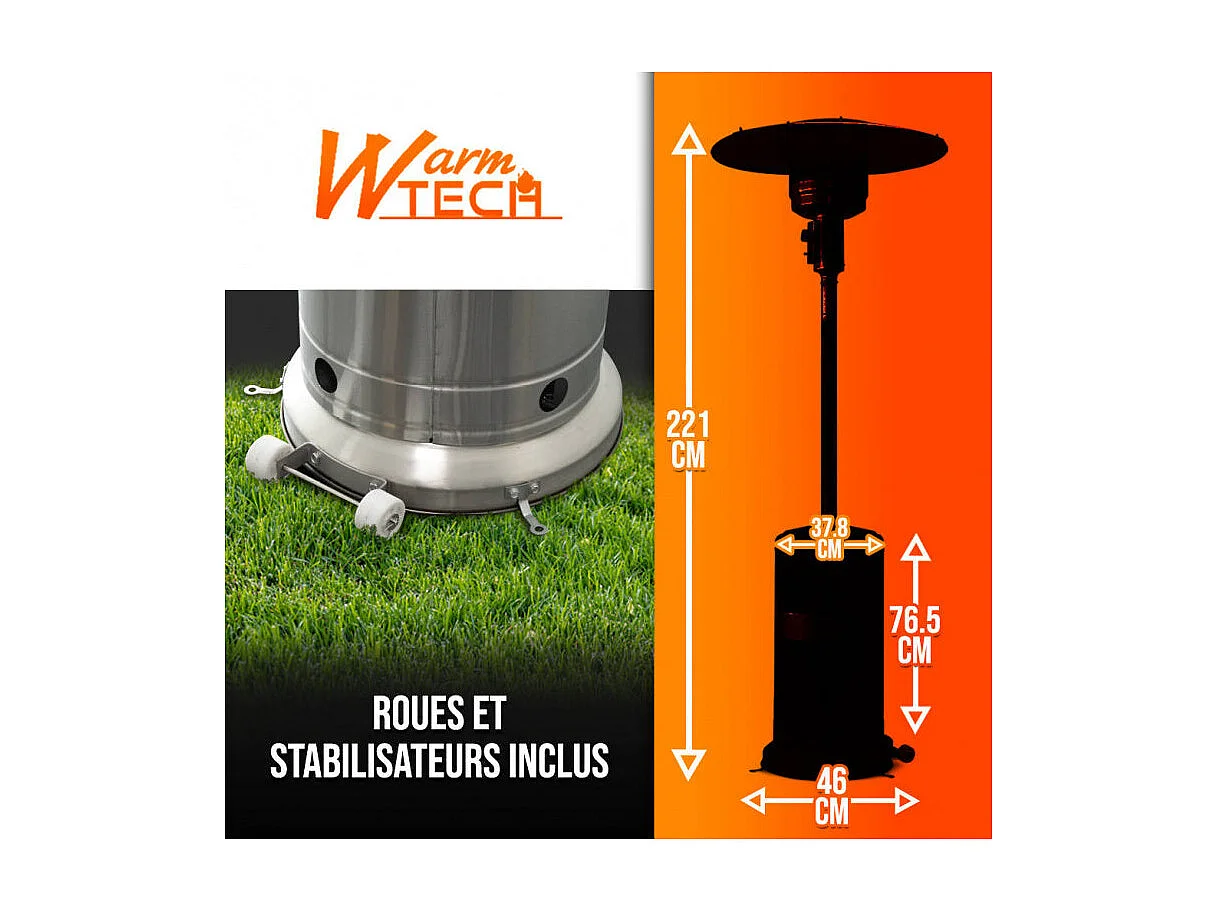 Parasol chauffant au gaz Warmtech 13 kW avec roues, Gris