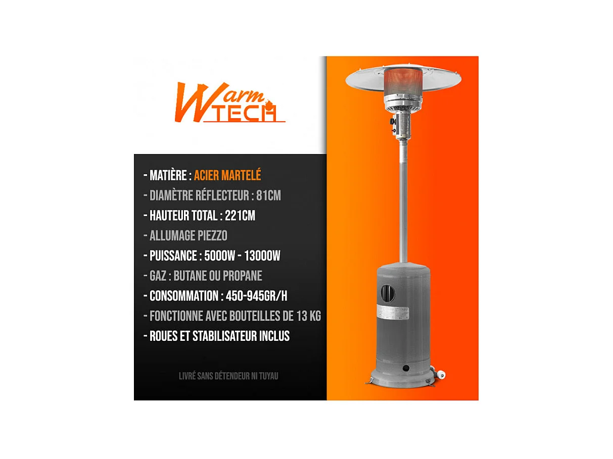 Parasol chauffant au gaz Warmtech 13 kW en inox avec roues
