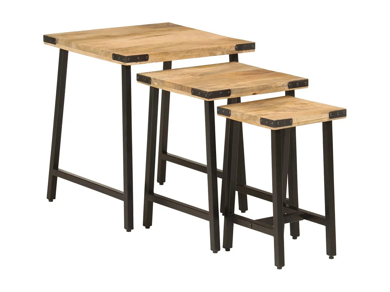 Tables basses gigognes 3 pcs bois massif de manguier et fer FR306083