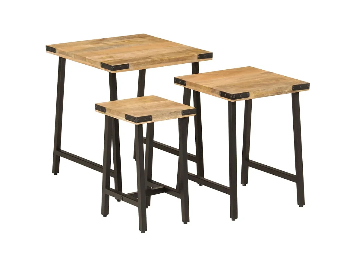 Tables basses gigognes 3 pcs bois massif de manguier et fer FR306083