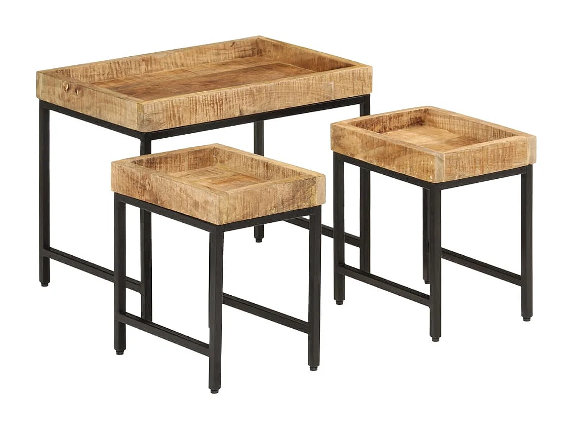 Tables basses gigognes 3pcs bois de manguier massif brut et fer FR250891
