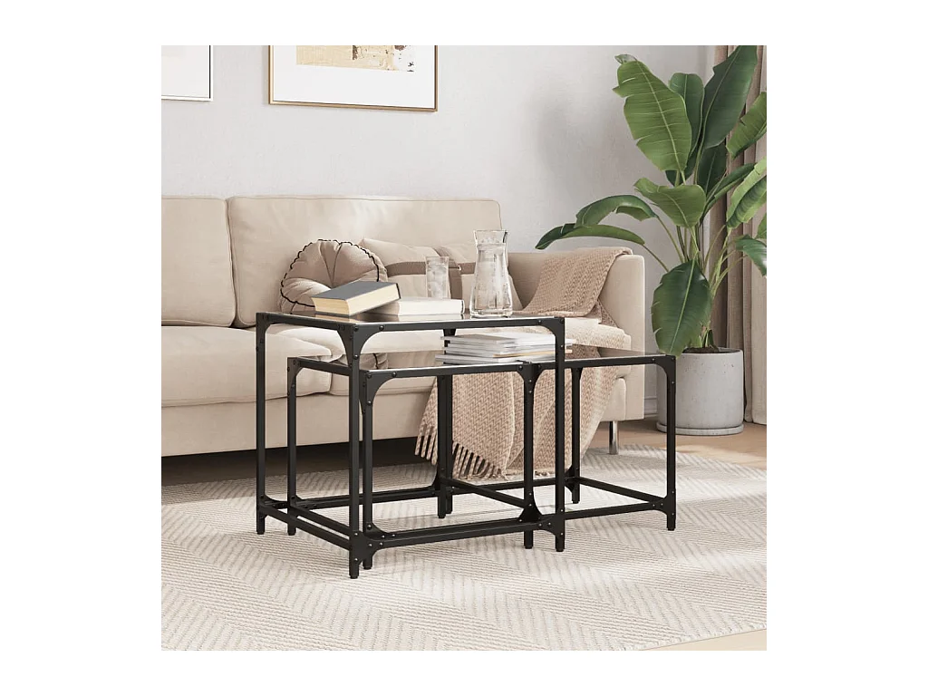 Tables basses gigognes 2 pcs dessus en verre noir acier FR619604