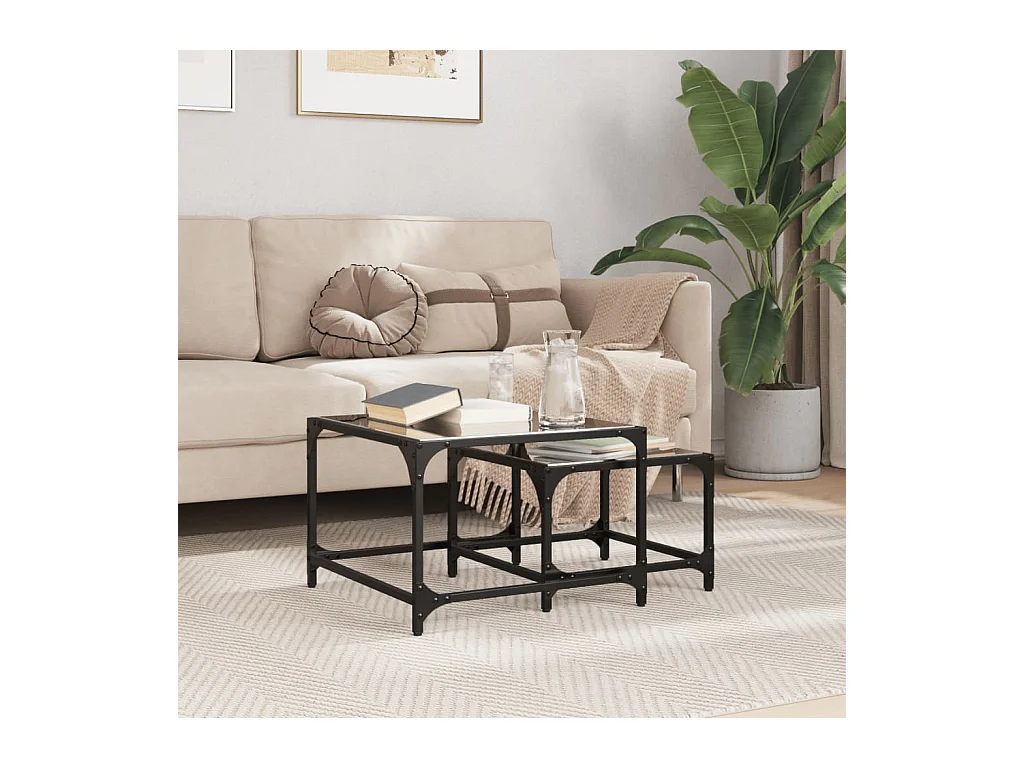 Tables basses gigognes 2 pcs dessus en verre noir acier FR366293