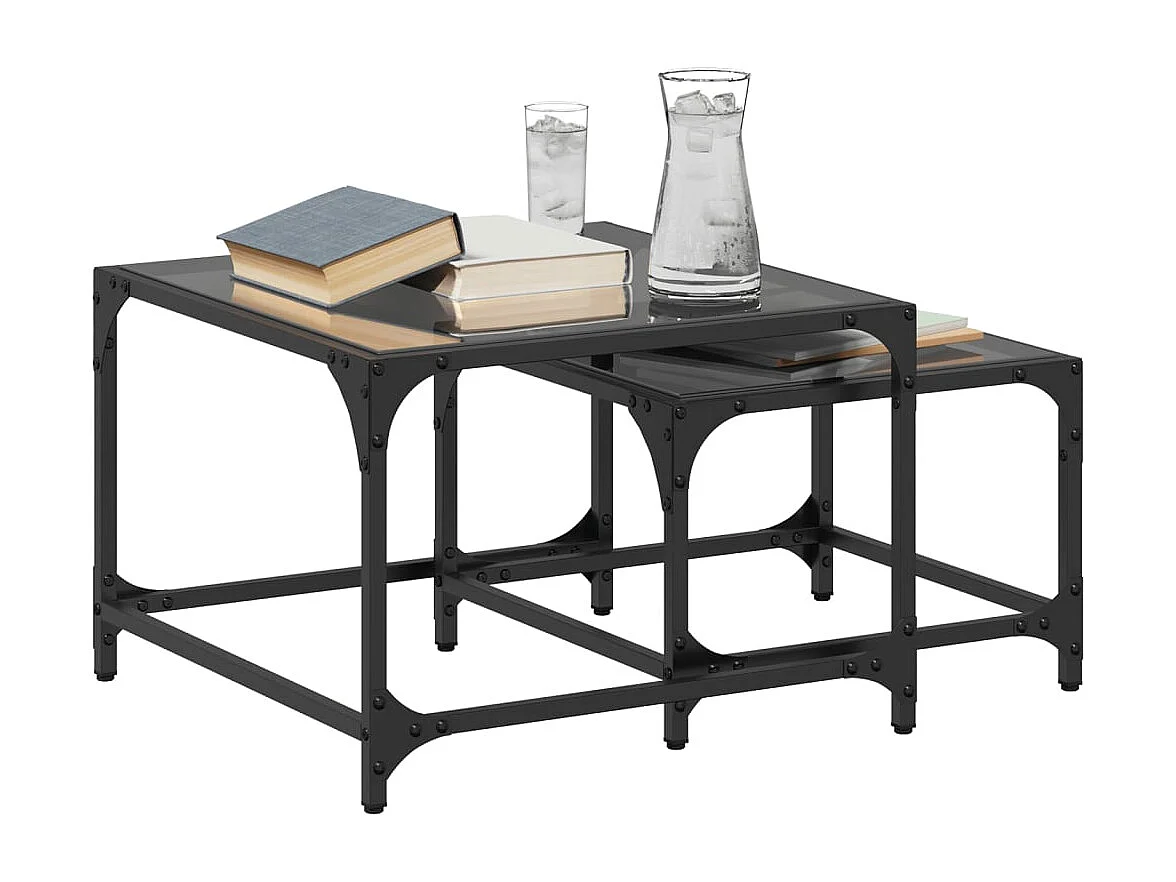 Tables basses gigognes 2 pcs dessus en verre noir acier FR366293