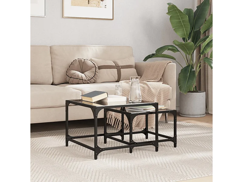 Tables basses gigognes 2 pcs dessus en verre noir acier FR366293