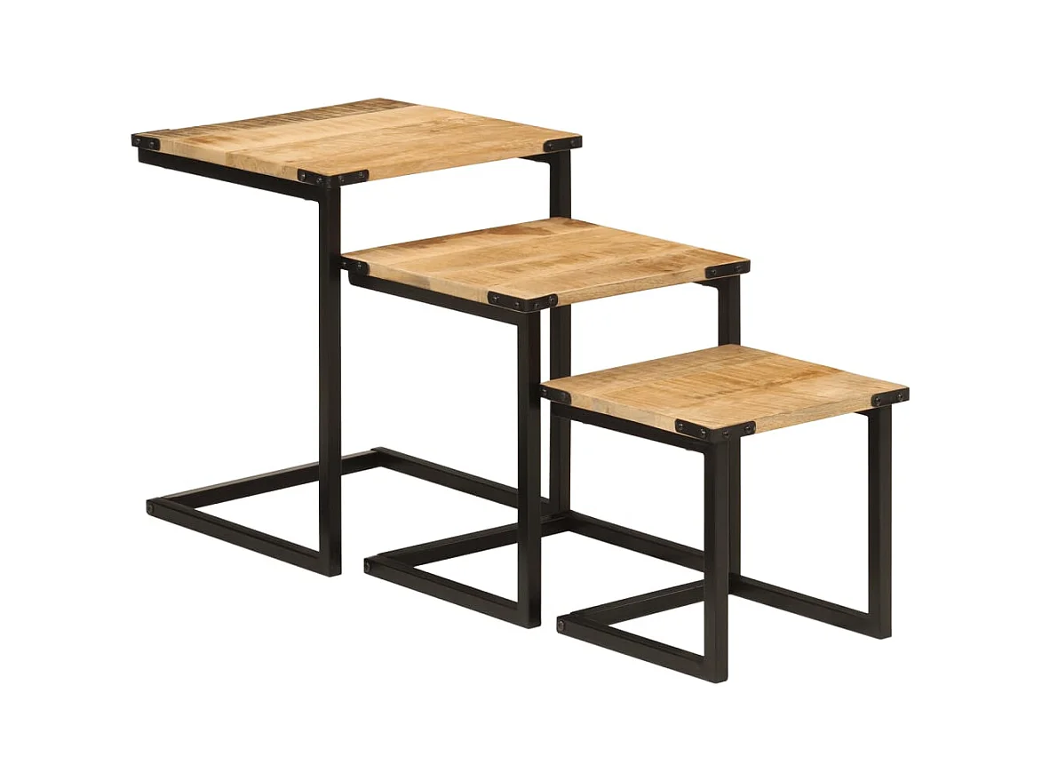 Tables basses gigognes 3 pcs bois massif de manguier et fer FR537637