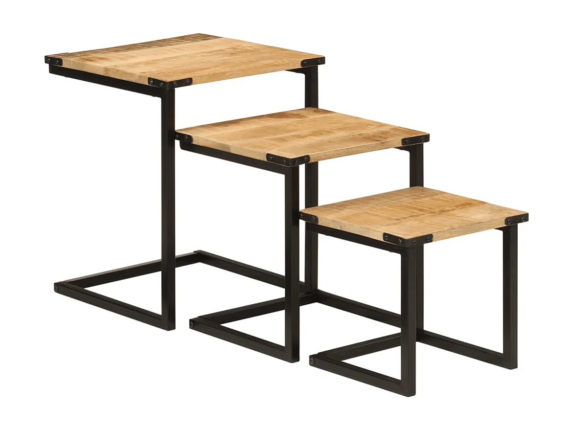 Tables basses gigognes 3 pcs bois massif de manguier et fer FR537637