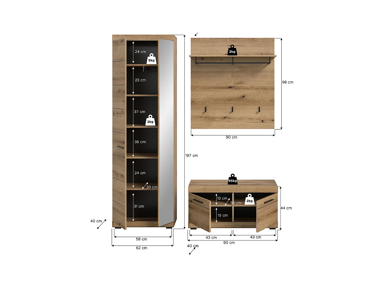 Scout Garderobenmöbel Set 3 Teile Eiche Dekor.