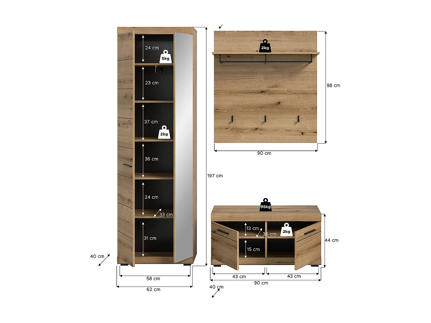 Scout Garderobenmöbel Set 3 Teile Eiche Dekor.