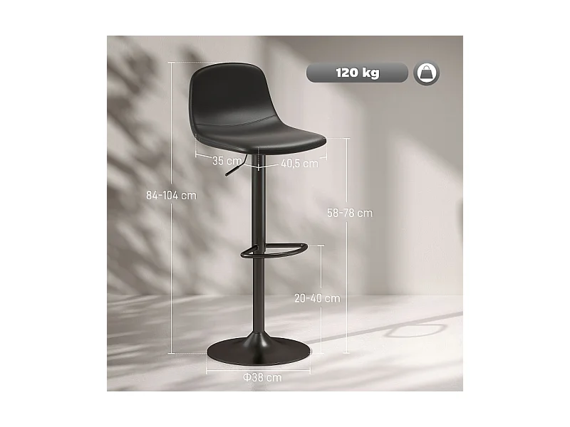 Lot de 2 tabourets de bar, réglables en hauteur, pivotants, avec dossier et repose-pieds, similicuir, noir