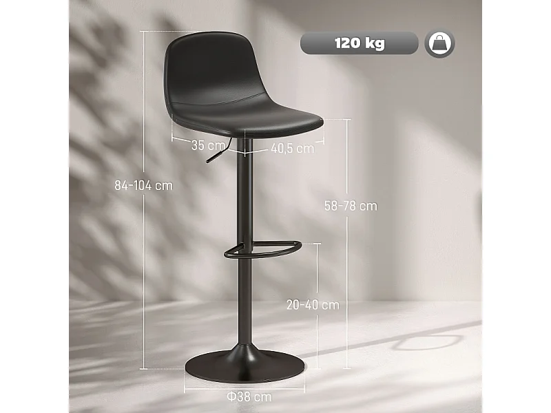 Lot de 2 tabourets de bar, réglables en hauteur, pivotants, avec dossier et repose-pieds, similicuir, noir