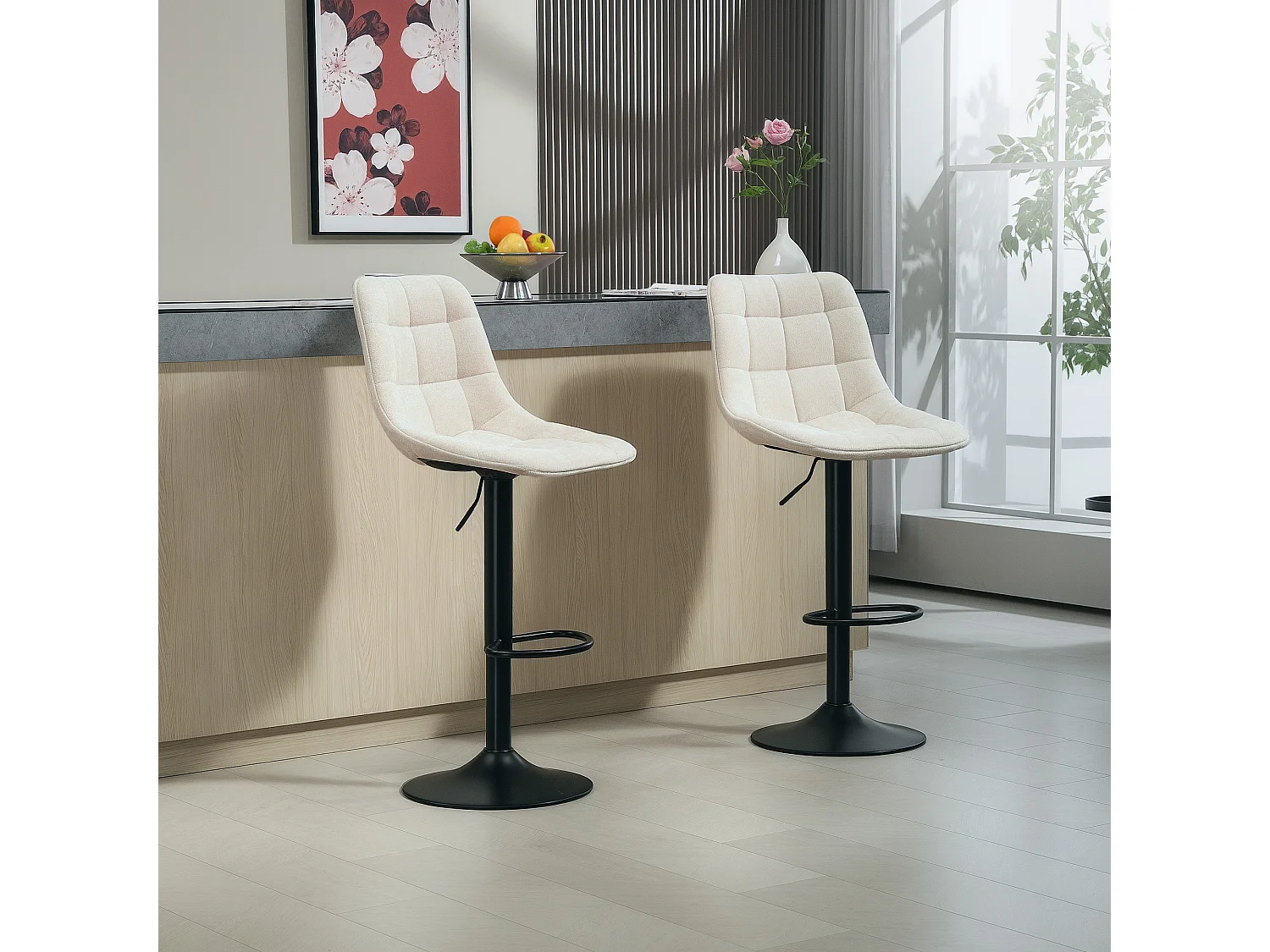 Barhocker 2er-Set, höhenverstellbar & drehbar, gepolstert mit Lehne, Chenille-Optik, Fußstütze, Beige