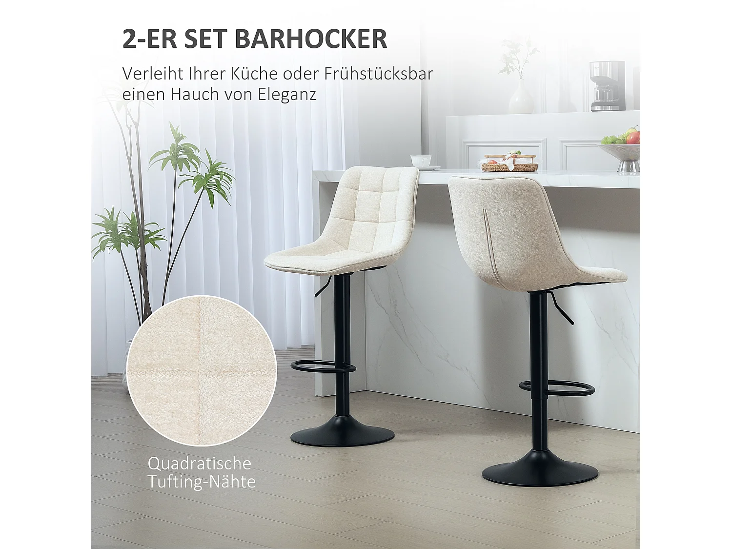 Barhocker 2er-Set, höhenverstellbar & drehbar, gepolstert mit Lehne, Chenille-Optik, Fußstütze, Beige