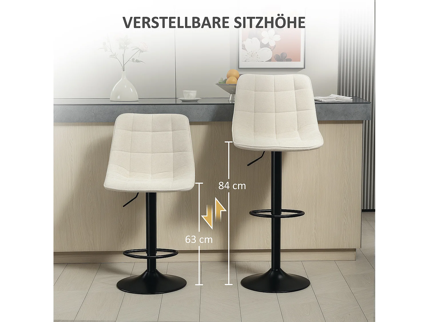 Barhocker 2er-Set, höhenverstellbar & drehbar, gepolstert mit Lehne, Chenille-Optik, Fußstütze, Beige