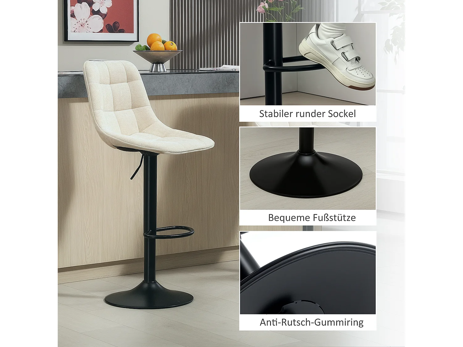 Barhocker 2er-Set, höhenverstellbar & drehbar, gepolstert mit Lehne, Chenille-Optik, Fußstütze, Beige