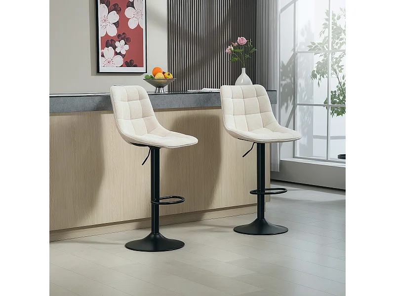 Lot de 2 tabourets de bar, réglables en hauteur et pivotants, rembourrés avec dossier, aspect chenille, repose-pieds, beige
